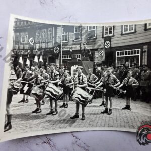 #1596-002 – Original German WWII Photograph – Hitlerjugend Drum Corps at Political Rally