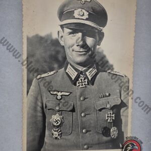 #1650 – German WWII Heer Knight's Cross Officer Portrait – EK1, Gold Party Badge & KVK1 – Original Photograph