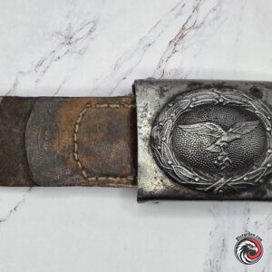 #2705 – German WWII Luftwaffe EM/NCO Belt Buckle with Leather Tab – Brüder Schneider A.G., Wien – 1940