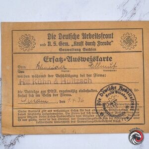 #2740-0014 – German Third Reich DAF / Kraft durch Freude Ersatz-Ausweiskarte – Gau Sachsen – 1936